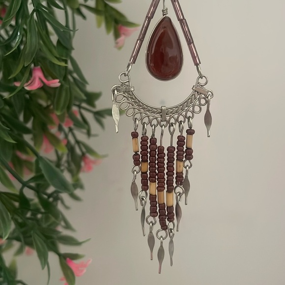Dangle Earrings - Boho Vintage Silver Tone w/Brown Stone & Beads - 4" - Picture 6 of 7